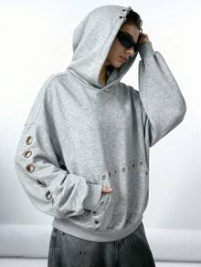 LYSMO 2025 Nueva sudadera minimalista de moda de otoño para mujer con ojetes de metal, sudadera oversize de otoño e invierno de color gris claro, sudadera estilo Y2K, moda grunge y punk, ropa Y2K para conjuntos, ropa de calle y estilo de Estocolmo, disfraces de Halloween