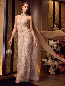 MOTF Soiréza CHAL CON DETALLES DE DIAMANTES DESMONTABLE Y VESTIDO LARGO SIRENA SIN TIRANTES, TELA BRILLANTE Y ENJOYADA, DETALLE DE LAZO EN LA ESPALDA Y ESTILO VERSÁTIL PARA BODAS, GALAS Y EVENTOS ESPECIALES PARA MUJERES - Champán - Ver 2