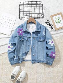 Sparklyn Tween Girls Denim Jeans, New Winter Collection, Mid-Blue Denim Color, Casual Collegiate Style, Girls Denim Jacket, 3D Floral Embroidery, Fitted Silhouette, Comfortable Cotton Denim, Suitable For Everyday Wear, School And Commute