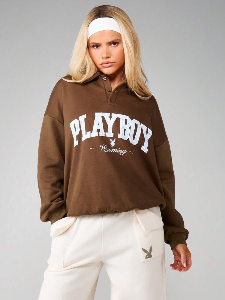 Missguided x Playboy Wyoming Polo Sweatshirt With Button Details Casual Oversized Pullover