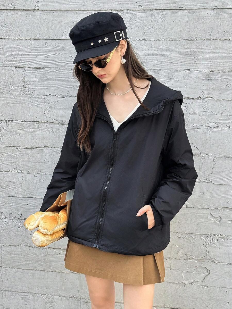 Casual All-Match Versatile Teen Girl Street Chic Daily Warm Hooded Loose Padded Coat - Black - View 1