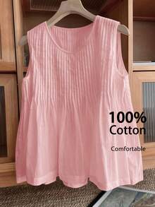 SHEIN LUNE Women's Casual Pleated Sleeveless White Cotton Blouse 100% Cotton Tops Pink Cotton Tops Summer Cotton Tops Cotton Sleeveless Tops Pink Summer Blouses Pink Tops Cotton Blouses Summer Tops Pink Summer Tops