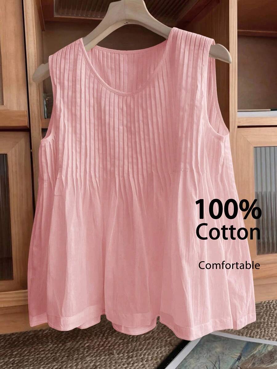 SHEIN LUNE Women's Casual Pleated Sleeveless White Cotton Blouse 100% Cotton Tops Pink Cotton Tops Summer Cotton Tops Cotton Sleeveless Tops Pink Summer Blouses Pink Tops Cotton Blouses Summer Tops Pink Summer Tops