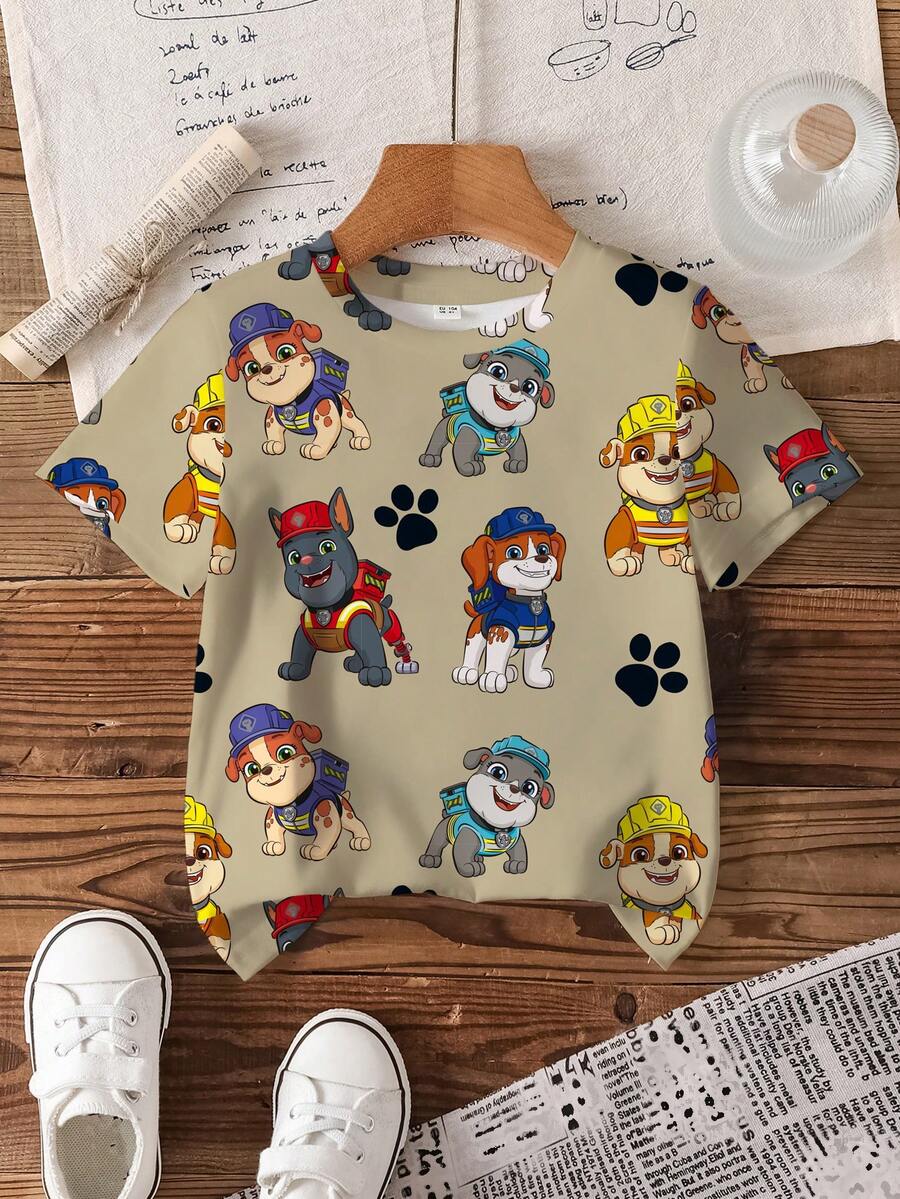 Rubble X SHEIN Young Boy Cartoon Pattern Cute Crew Neck Short Sleeve T-Shirt - White - View 1