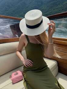 CAJUNI 性感纯色露背吊带连衣裙，夏季 - 綠色 - 查看 3