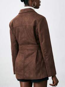 Aveloria Modichic Brown Suede Faux Fur Collar Belted Windbreaker, Classic Suit Collar Design With Adjustable Waist Belt - Brown - View 6