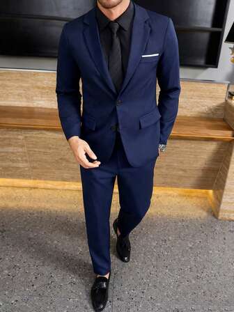 Manfinity Bizformal 1 Conjunto de chaqueta y pantalones de traje casual de negocios de solapa única para hombres, con diseño de cuello de chal para un estilo y un abrigo adicionales, adecuado para el transporte diario, los negocios, las fiestas y los banquetes. Este conjunto de traje es una pieza versátil e indispensable en el guardarropa de un hombre, lo que lo convierte en un gran regalo para novios o esposos.