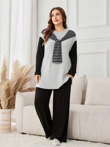 Lacomfia Conjunto de 2 piezas de poncho de punto con rayas de contraste y pantalones de punto minimalistas casuales para mujer de talla grande