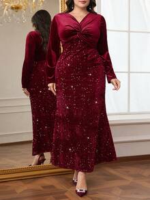 Modelyn 大码扭结纯色落肩长袖修身亮片闪亮优雅连衣裙 - 酒紅色 - 查看 4