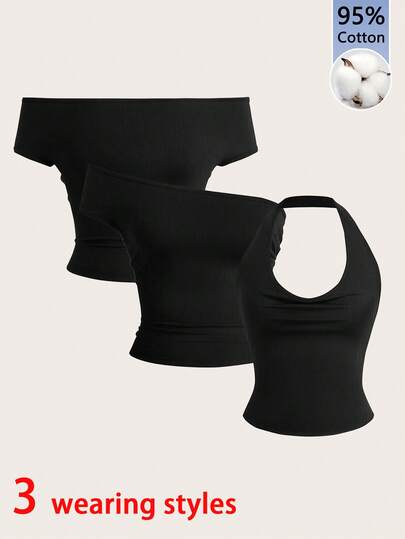 Tseoso 95% 纯棉针织女式夏季黑色多向设计紧身上衣，3 种穿着风格；适合运动和俱乐部；适合所有季节；可爱，非常适合夏季和秋季；复古风格，带有柔和的女孩美感；非常适合家居、返校和秋季女装