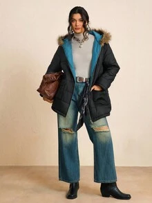 SHEIN LUNE 大码女式长袖拉链前襟拼接仿毛领连帽休闲冬装外套 - 黑色 - 查看 8