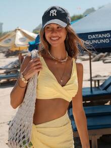 Bellisia Women's Yellow Textured Criss-Cross Bikini Top Women's Beach Fashion Women's Beach Fashion Beach Outfits For Women Cross-Over Push-Up Swimsuit Top Yellow Summer Set Yellow Yellow Skirt Set Skirt Swimsuit Set Summer Skirt And Top Set - Yellow - View 8