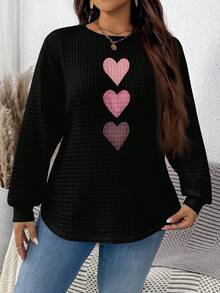 EMERY ROSE Pull col rond décontracté avec imprimé graphique en forme de cœur rose, motif à carreaux et ourlet incurvé avec fente latérale. Confortable pour l'automne/l'hiver - Noir - Voir 8