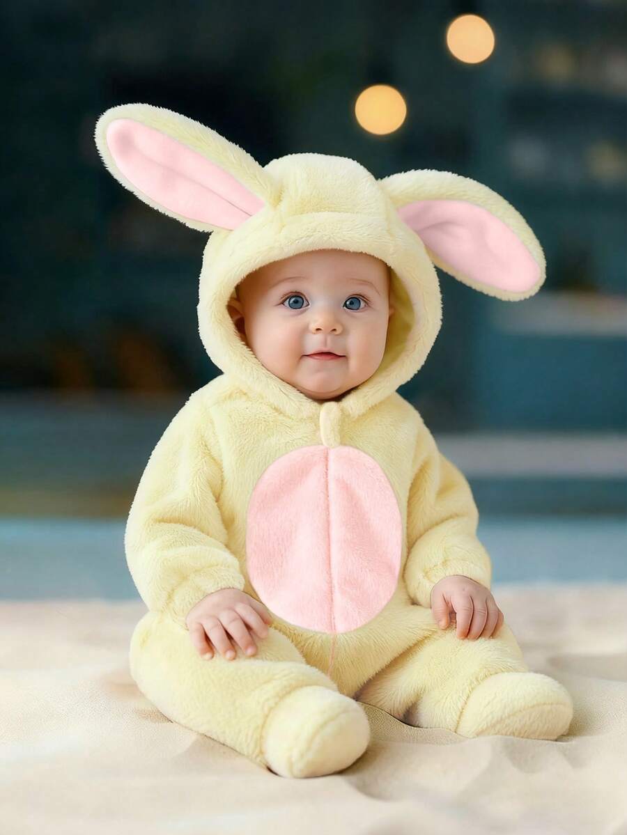 SHEIN Playful Pals Baju Terusan Bayi Baru Lahir Berkerudung Bahan Lembut dengan Telinga Kelinci 3D Lucu, Lengan Panjang dan Celana Panjang, Pakaian Musim Dingin untuk Anak-Anak - Kuning - View 1