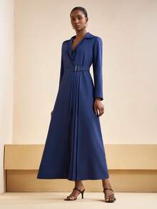 Zivah 2025 Autumn/Winter New Music Festival, Easter, St. Patrick's Day, Western, Nomadic, Birthday Party, Graduation, College Style, Student, Daily Wear, Basic Versatile, Casual, Vacation, Cruise Travel, Beach, Sunbathing, Viral , Streetwear, Wedding Guest Boho, Commute, Brunch, Airport, Party, Holiday Outing, Elegant Banquet, Shirt Collar Long Sleeve Office Dress, Adjustable Waist Belt, Pleated Long Navy Blue Shirt Dress - Navy Blue - View 3