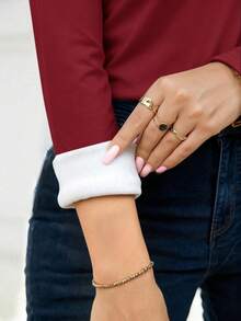 SHEIN Clasi Plus Size Women Thermal Lined Long Sleeve T-Shirt, Autumn/Winter - Red - View 3