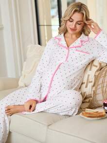 SHEIN 2pcs Maternity Floral Trim Heart Print Button-Front Long Sleeve Top And Pants Set - White - View 7