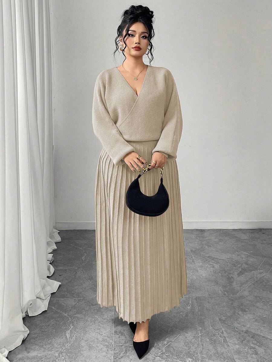 Modelyn Plus Size Solid Color Wrap Knit Dress, Casual For Autumn/Winter - Apricot - View 1