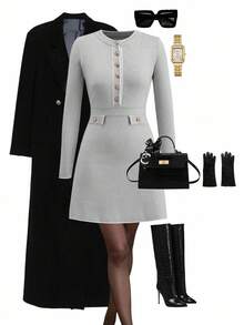 Ellevyn 女士灰色金属纽扣撞色滚边修身弹力优雅日常休闲通勤短款毛衣连衣裙 - 灰色 - 查看 1