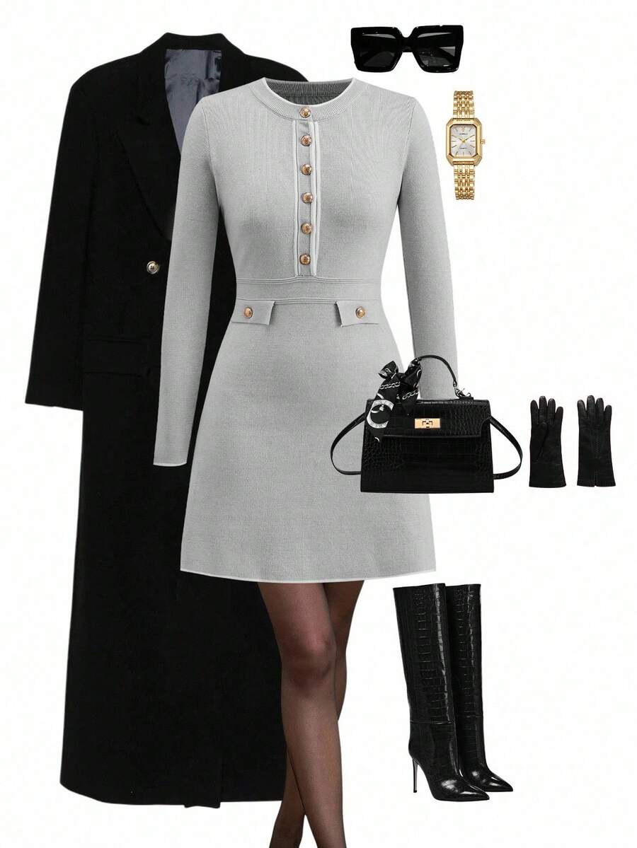 Ellevyn 女士灰色金属纽扣撞色滚边修身弹力优雅日常休闲通勤短款毛衣连衣裙 - 灰色 - 查看 1