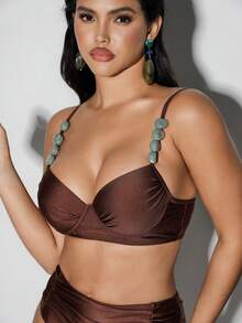 Shapewave 两件套女士塑形钢圈加厚比基尼套装，后背交叉系带设计，侧边褶皱内裤，适合夏季海滩度假 - 咖啡棕 - 查看 6