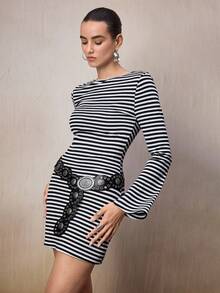 Modelyn Women's Casual Striped Print Round Neck Short Dress - Black and White - View 4