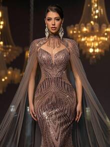 Glamrae 优雅奢华串珠亮片花卉网眼泡泡袖美人鱼长裙，适合婚礼、单身派对、度假、庆典、晚会正式穿着（重度装饰） - 咖啡棕 - 查看 2