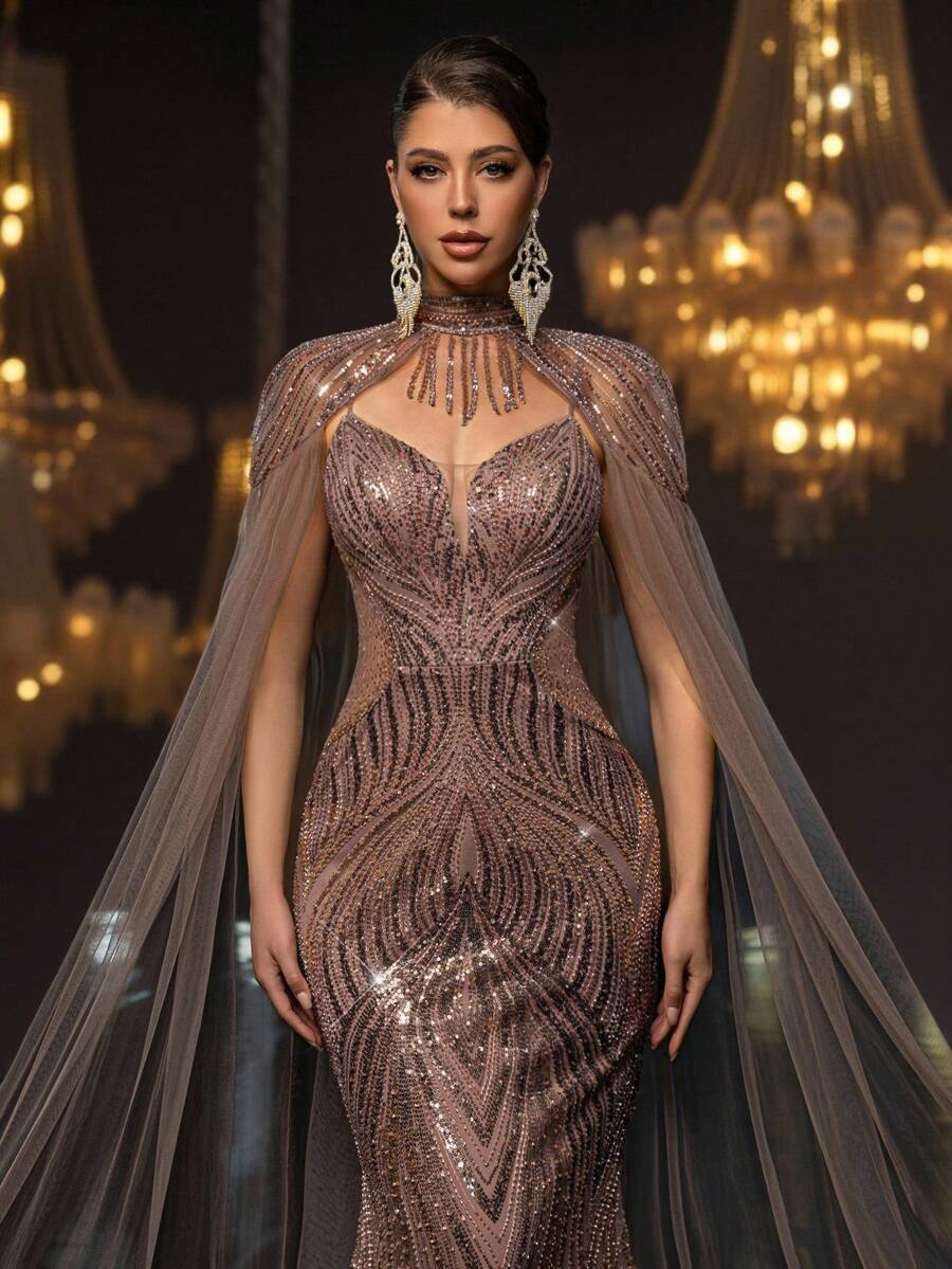 Glamrae 优雅奢华串珠亮片花卉网眼泡泡袖美人鱼长裙，适合婚礼、单身派对、度假、庆典、晚会正式穿着（重度装饰）