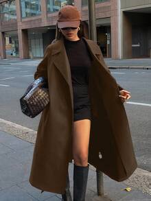 DAZY 女士纯色翻领长袖宽松休闲外套，秋冬款 - 咖啡棕 - 查看 5