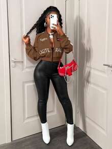 BamGleam Chaqueta corta con cremallera de estilo casual para mujer, para invierno - Marrón - Ver 3