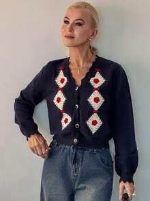 Vivie Lora Women's Geometric Rhombus Pattern Cardigan - Black - View 7