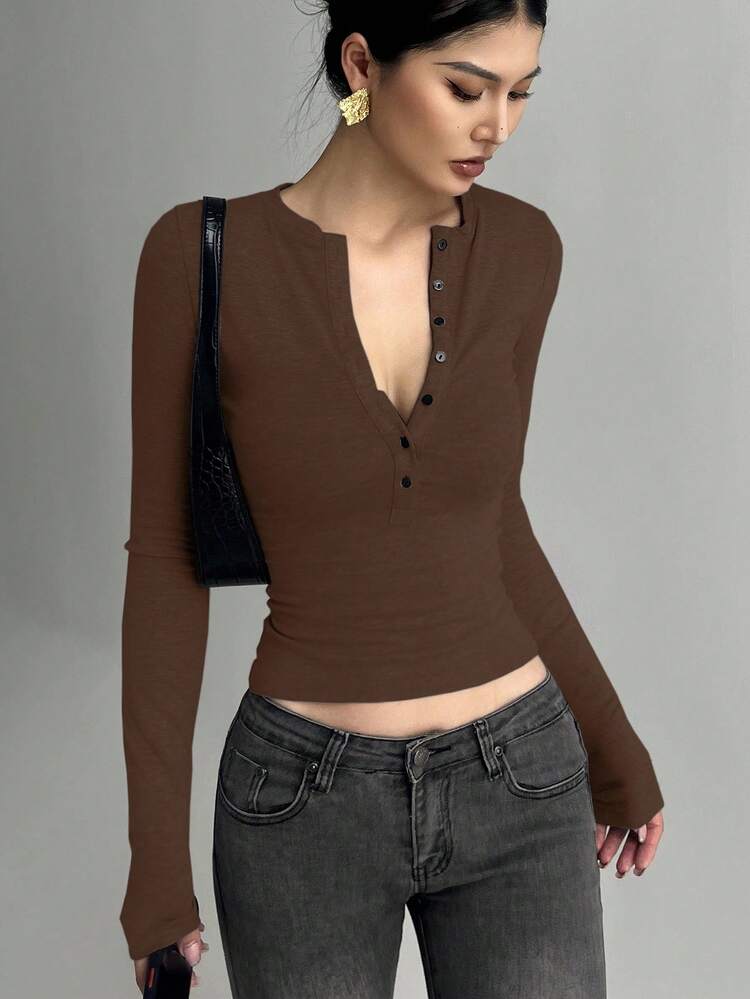 Women's Half-Zip Long Sleeve Bodycon T-Shirt