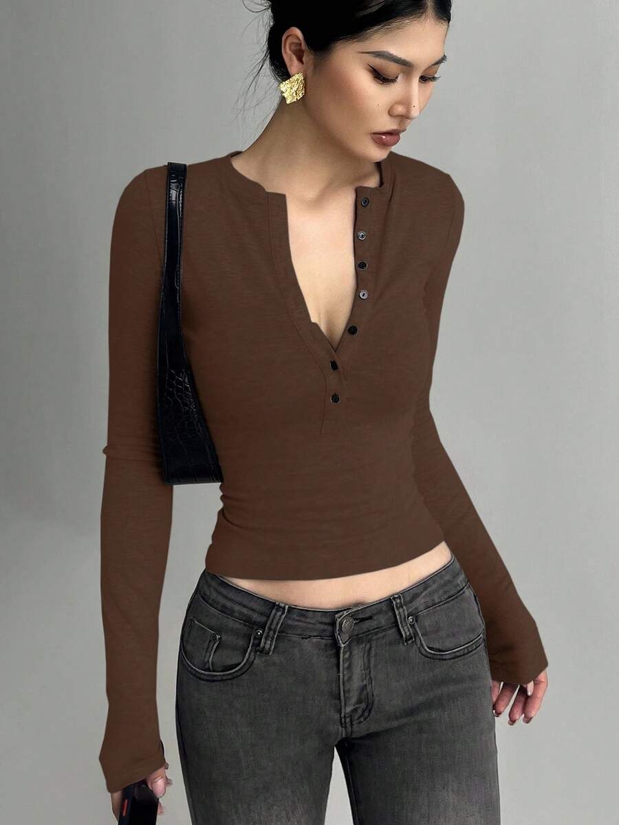 DAZY 女士半拉链长袖修身T恤 - 棕色 - 查看 1