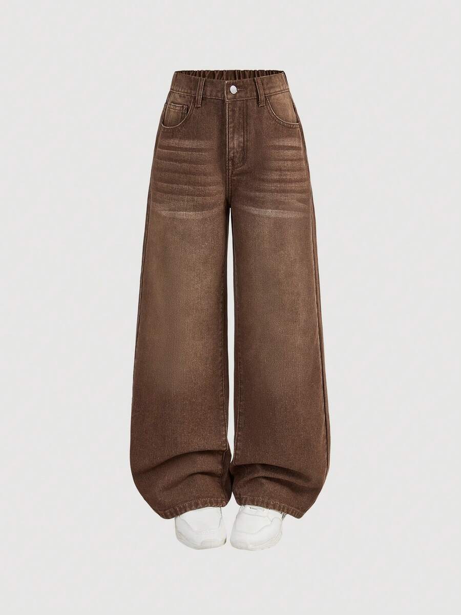 SHEIN Tween Girl Y2K Retro Washed High Waist Cat Whisker Washed Baggy Straight Leg Jeans, Fall Winter Back To School Streetwear - Brown - View 1