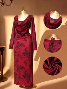 Rometta فستان ماكسي مطبوع بالأزهار مع حمالات طويلة مناسب للمقاسات الكبيرة، ذو رقبة مربعة وشق في الخلف، فستان حرير الحليب مطبوع بالأزهار للنساء، فستان أنيق بأكمام طويلة مطبوع بالأزهار مناسب للسهرات، تصميم رقبة مربعة، مناسب للربيع والخريف، المناسبات اليومية، التجمعات، العطلات، بتصميم أنيق وأنثوي