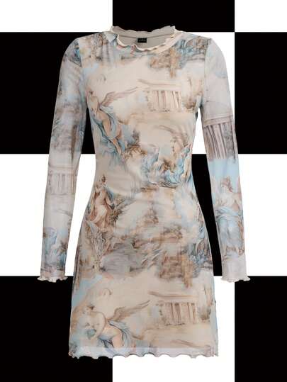 Y2Kool cha5rlie Y2K Renaissance Angel Babe Mesh Sexy Street Chic Bodycon Mini Dress, Suitable For Autumn/Winter Parties, Holidays, Christmas, Daily Wear Printed Dress Sleeve Dress Graphic Dress Van Gogh Dress Long Sleeve Dress Angels Dress Angel Print Dress Gyaru Ruffle Trim Dress Angel Dress Spring Outfits Women Birthday Outfit For Women Carnival Clothes