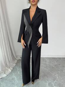 Rafferiza 女士优雅休闲派对流苏套装 - 黑色 - 查看 7