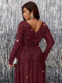 Ellevyn Đầm dự tiệc tay dài xẻ eo cỡ lớn cho nữ - Màu Đỏ Sâu - Xem 3