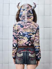 ROMWE J-Fashion Y2K Harajuku Sexy Leopard Print Monster Horn Hooded Sweatshirt For Women - Multicolor - View 3