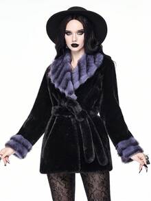 ROMWE Grunge Punk Women's Contrast Color Lapel Long Sleeve Belted Faux Fur Jacket - Black - View 6
