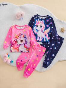 SHEIN 女婴可爱卡通图案针织长袖连体衣家居服套装 - 粉色 - 查看 10