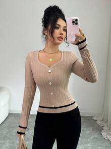 Elenzga Women's Striped Long Sleeve Button Design Fitted Sweater, Autumn/Winter - Camel - View 6
