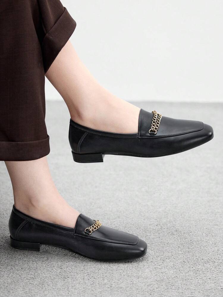 CUCCOO BIZCHIC Women's Square Toe Flat Low Heel New Style Black Metal Chain Comfortable Versatile Slip-On Loafers, Black Casual Flat Shoes, Lightweight For Commuting For Christmas