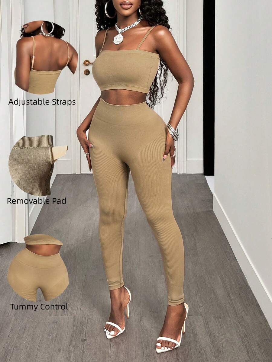 Sirith 2pcs/Set Women Solid Color Seamless Cropped Camisole Top And Leggings - Camel - View 1