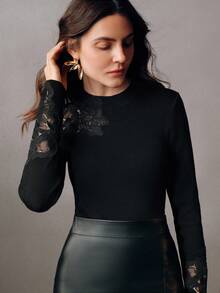 Anewsta 优雅时尚百搭重工刺绣花卉镂空修身女式圆领长袖毛衣 - 黑色 - 查看 6