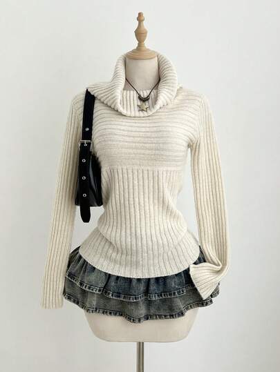 Elamini Women's Fashionable Turtleneck Slim Fit Solid Color Long Sleeve Casual Sweater