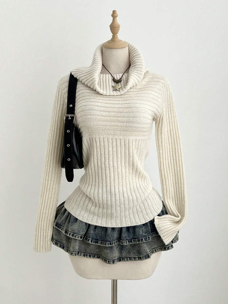 Elamini Áo len dài tay màu trơn cổ lọ ôm vừa vặn thời trang dành cho nữ - Màu be - Xem 1