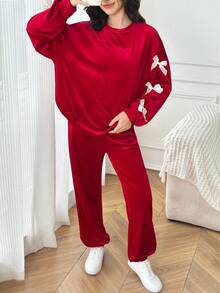 SHEIN Bộ 2 món/Bộ đồ lót nhung cổ tròn thoải mái, rộng rãi, dễ thương kèm quần có nơ trang trí cho bé gái tuổi teen - Đỏ - Xem 1