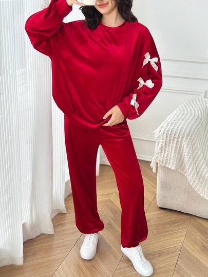 SHEIN 2pcs/Set Teens Girls Casual Loose Comfortable Round Neck Velvet Top And Pants Set With Bow Decor