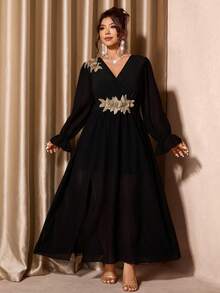 Cravure Plus Size Women's Gold Lace Trim Slit Dress, Vintage Luxurious Elegant Cocktail Party Romantic Gown, Evening Dress